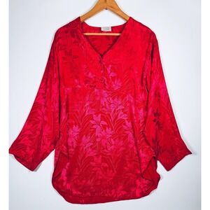 Vintage Jayre California Tunic Blouse Large Pink Satin Jacquard Floral Top USA
